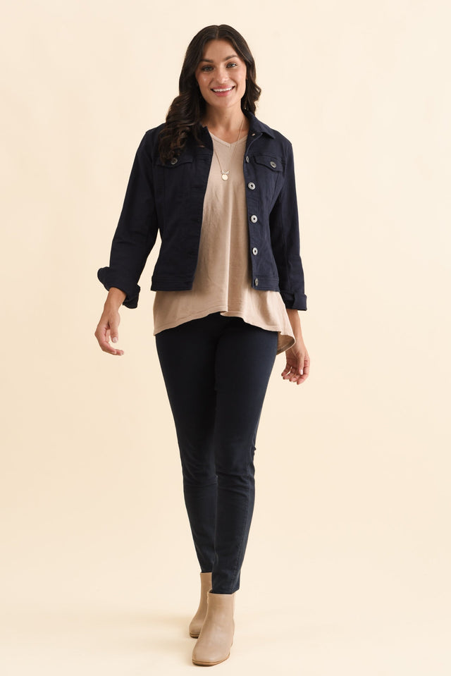 Danielle Navy Stretch Jean Jacket,Brunette model,alt text|model:Brontie image 9