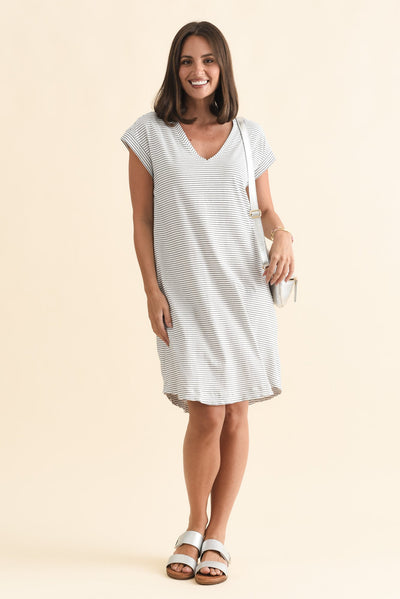 Daphne Black Stripe Cotton V Neck Dress
