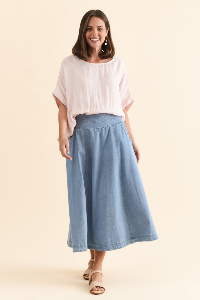 Darcy Light Wash Denim Skirt,Brunette model,alt text|model:MJ image 2