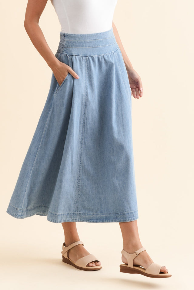 Darcy Light Wash Denim Skirt,Brunette model,alt text|model:MJ image 4