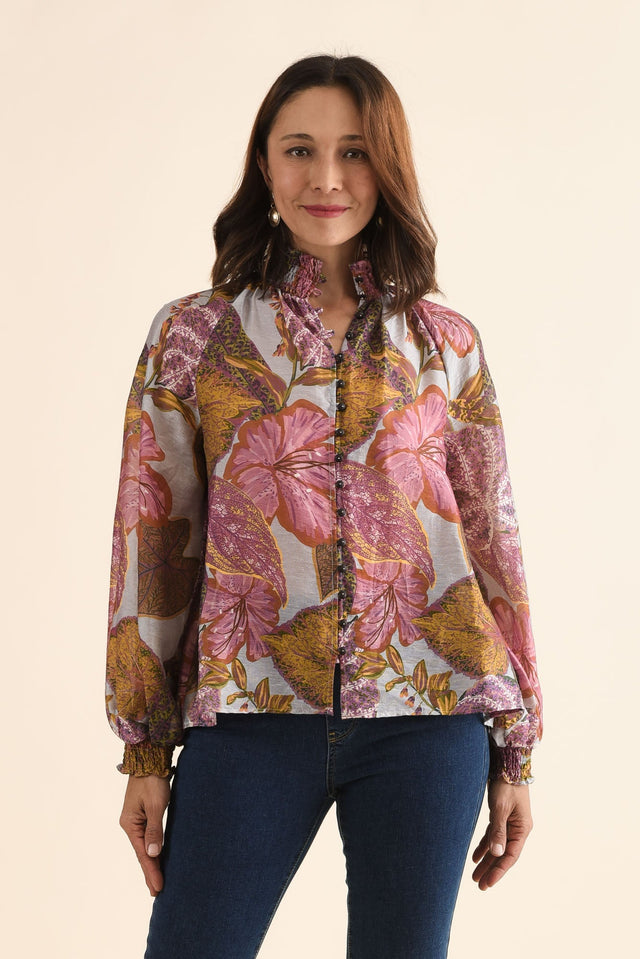 Daria Purple Leaf Shirred Blouse,Front,Brunette model,alt text|model:Cara image 1