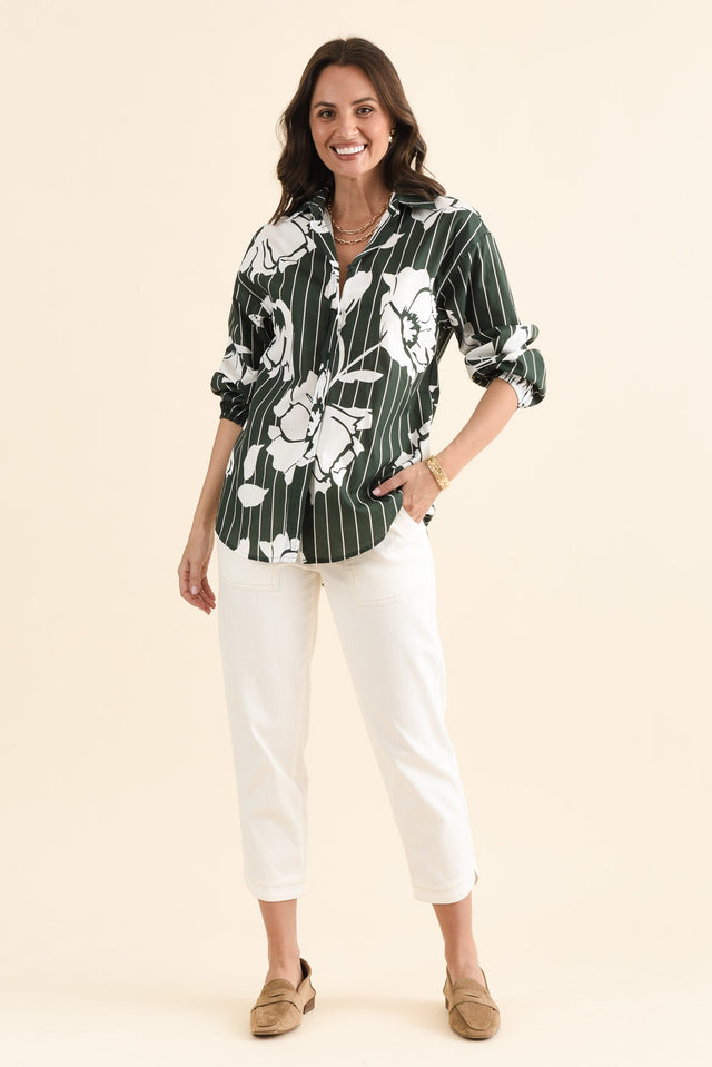 Darline Green Floral Stripe Cotton Shirt,brunette model,Full Outfit,alt text|model:MJ
