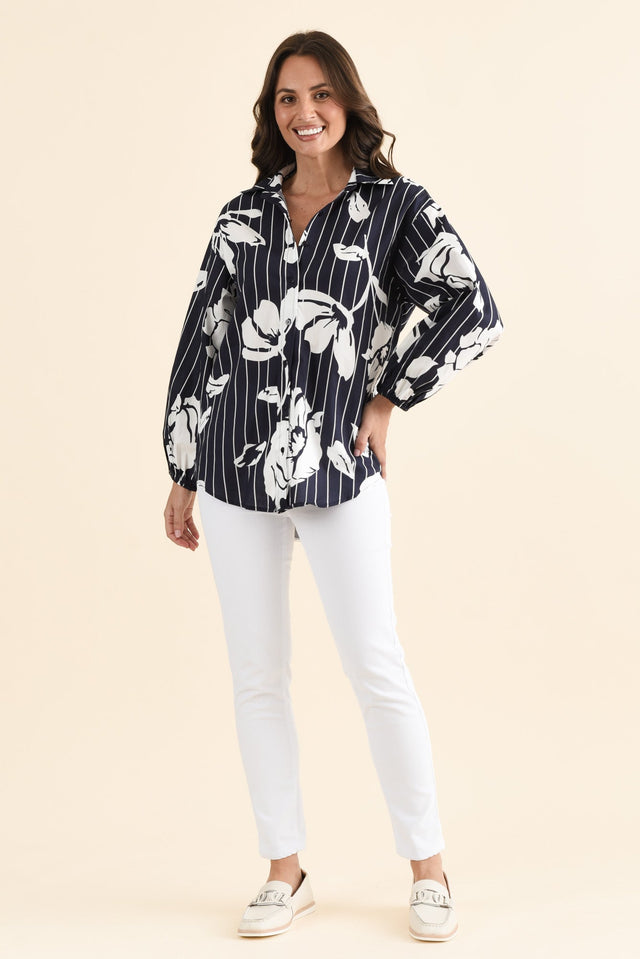 Darline Navy Floral Stripe Cotton Shirt,brunette model,Full Outfit,alt text|model:MJ image 6