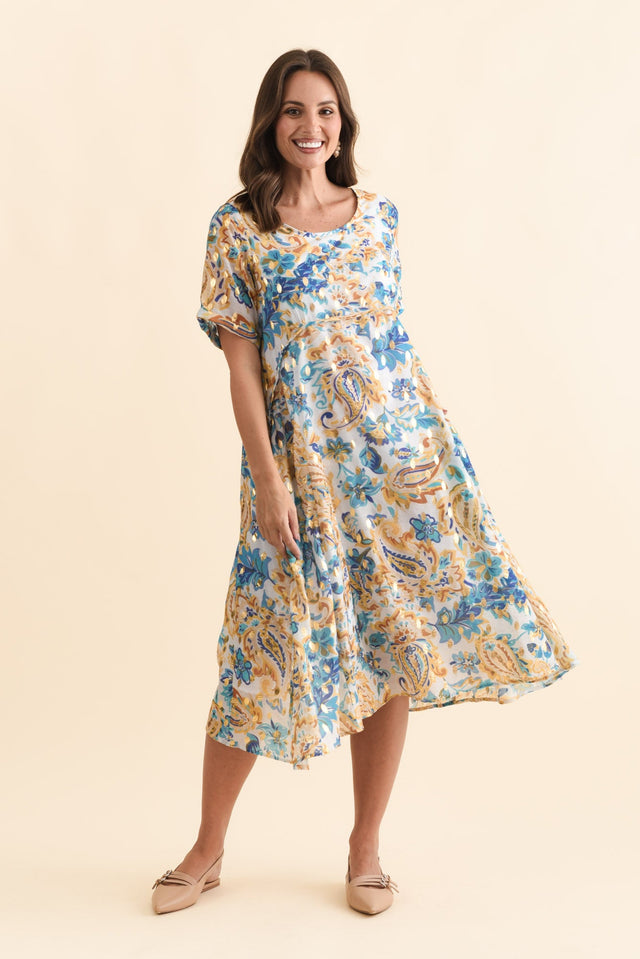 Darling Blue Paisley Foil Crescent Dress,Brunette model,alt text|model:MJ image 7