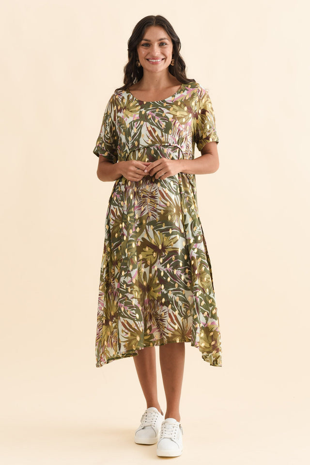 Darling Khaki Tropical Foil Crescent Dress,Brunette model,alt text|model:Brontie image 8