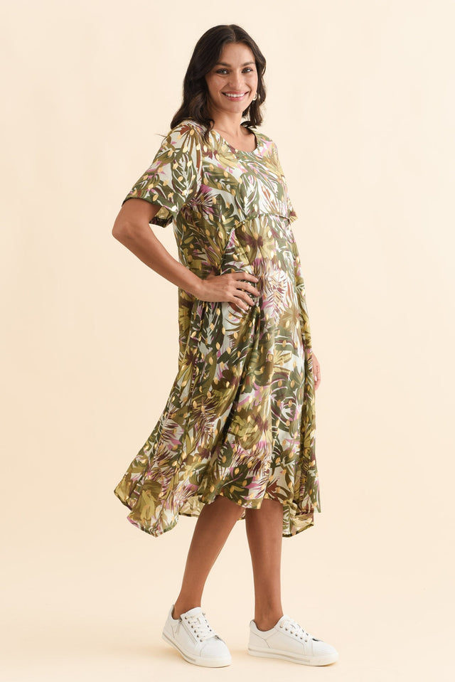 Darling Khaki Tropical Foil Crescent Dress,Brunette model,alt text|model:Brontie image 5