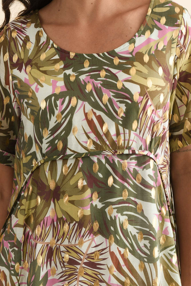 Darling Khaki Tropical Foil Crescent Dress,Brunette model,alt text|model:Brontie image 7