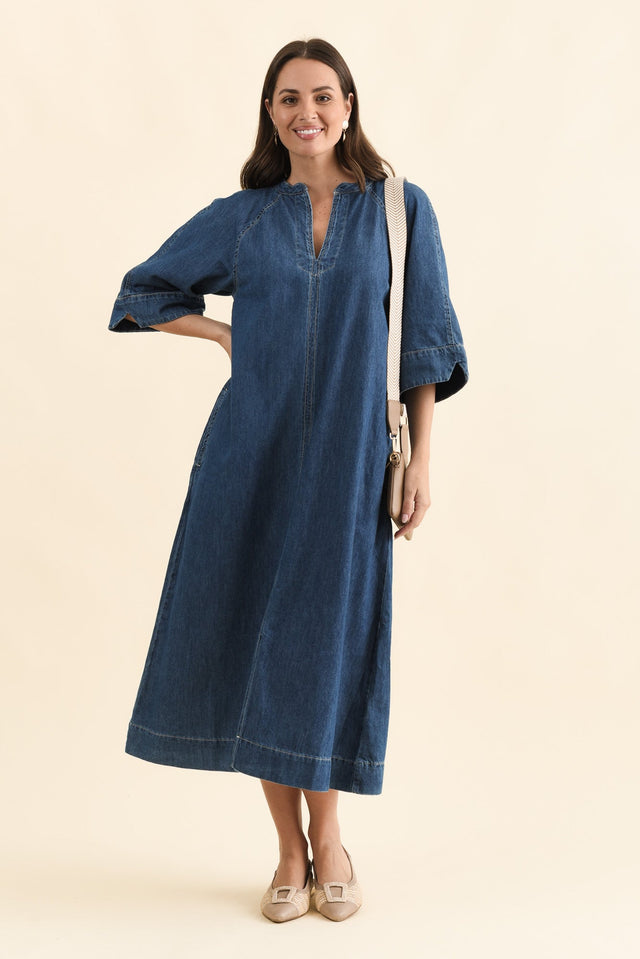 Davina Blue Denim Maxi Dress,Front,Brunette model,alt text|model:MJ image 1