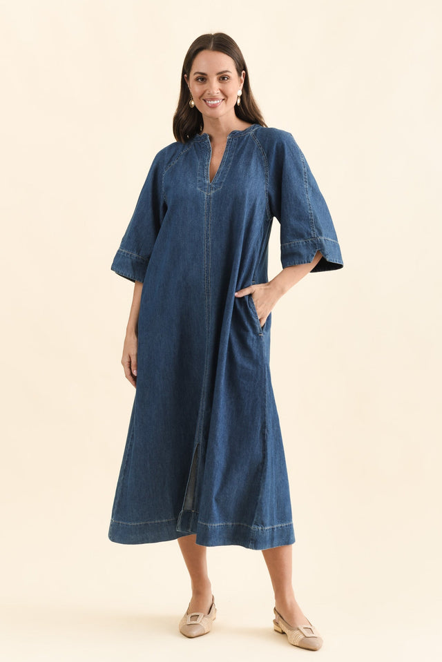Davina Blue Denim Maxi Dress,Full Body,Brunette model,alt text|model:MJ image 3