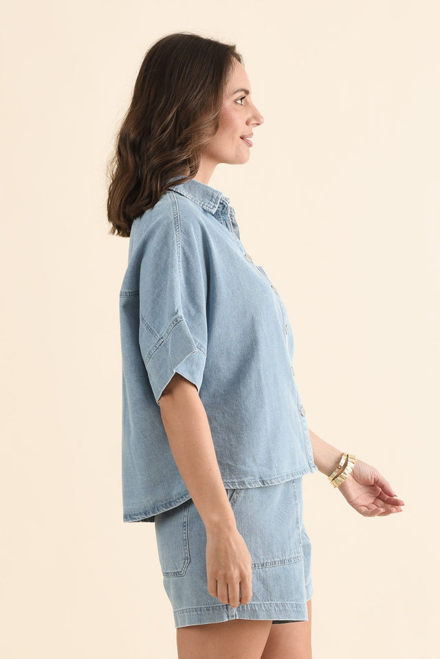Dawn Blue Denim Shirt,Side,Brunette model,alt text|model:MJ image 3