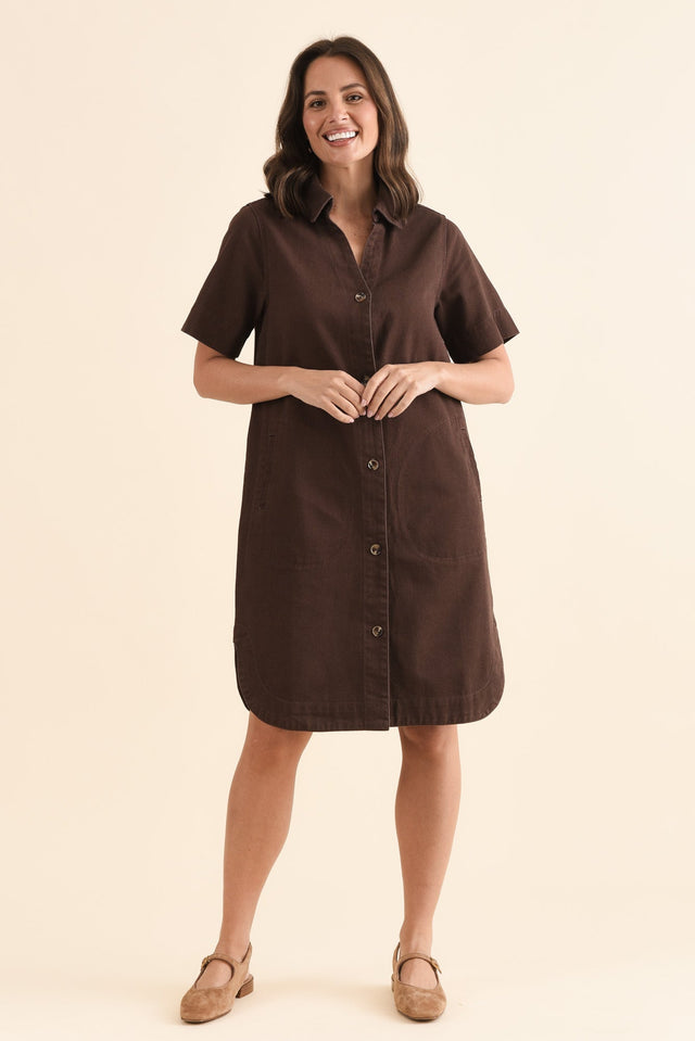 Dawson Chocolate Denim Button Dress,Full Body,Brunette model,alt text|model:MJ image 6