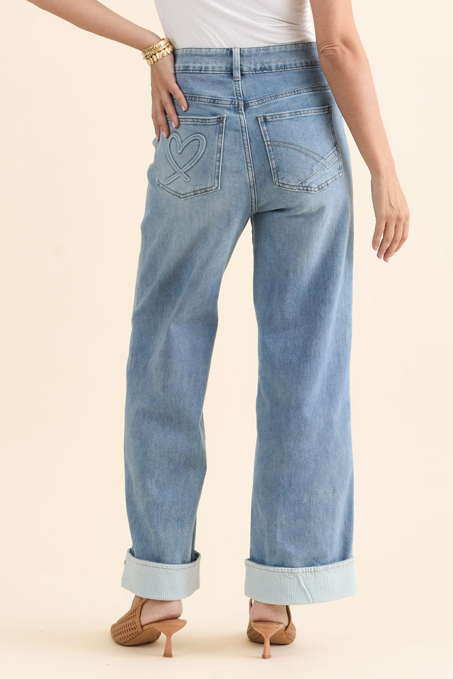 Deb Mid Blue Denim Wide Leg Jeans,brunette model,Back of Outfit,alt text|model:MJ image 4
