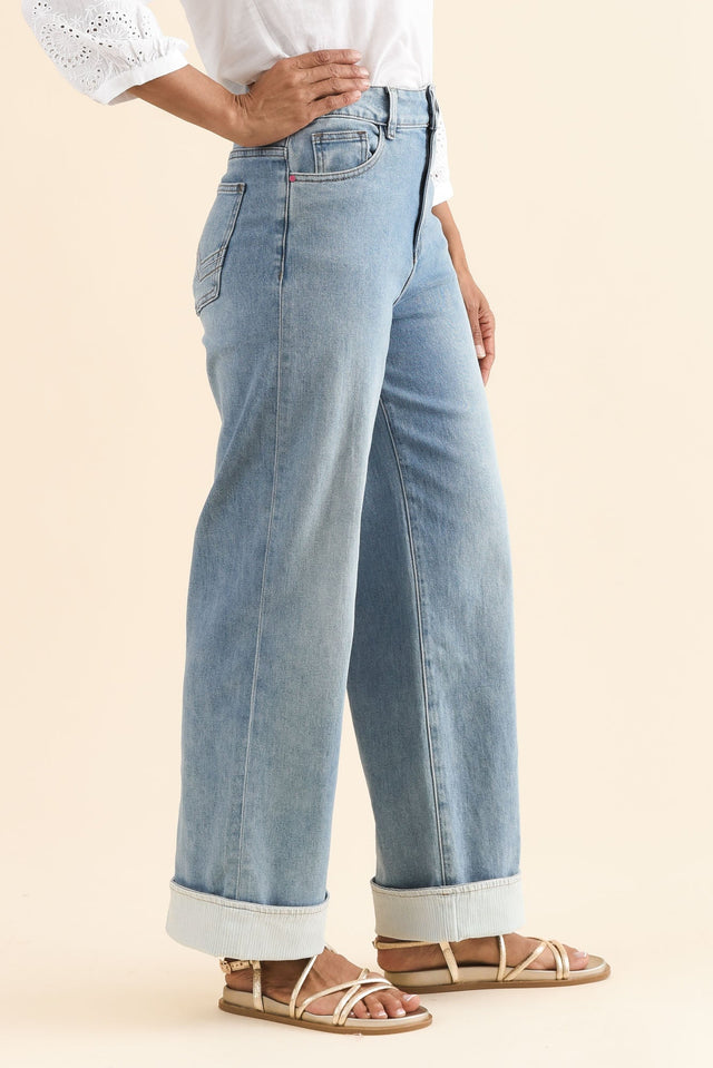 Deb Mid Blue Denim Wide Leg Jeans,Side,Brunette model,alt text|model:Cara image 5