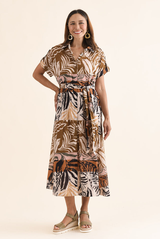 Decker Brown Palm Cotton Shirt Dress,Full Body,Brunette model,alt text|model:Cara image 2
