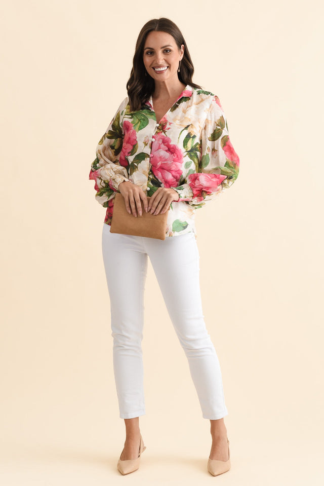 Delaney Cream Botanical Puff Sleeve Blouse,Brunette model,alt text|model:MJ image 3