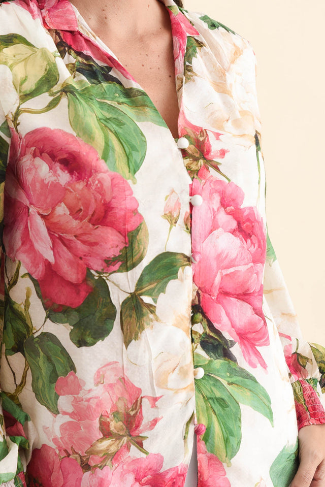 Delaney Cream Botanical Puff Sleeve Blouse,Brunette model,alt text|model:MJ image 6
