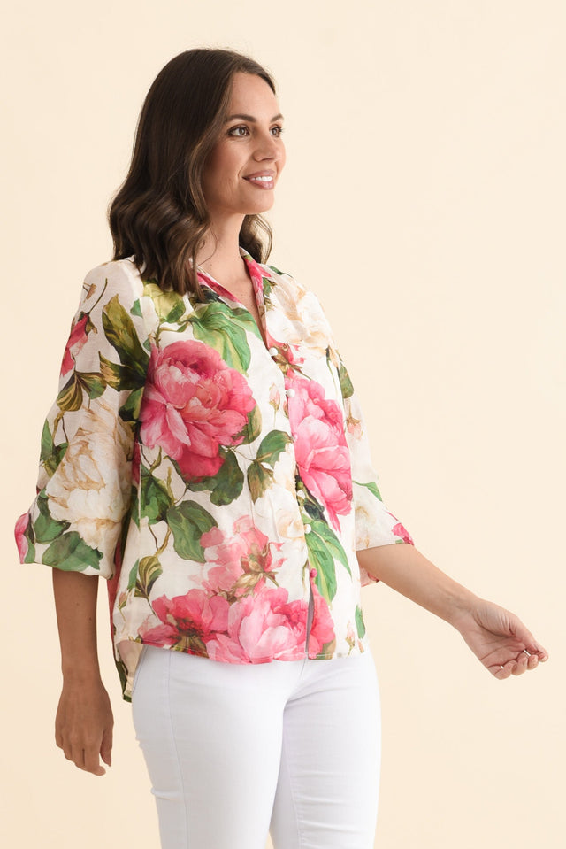 Delaney Cream Botanical Puff Sleeve Blouse,Brunette model,alt text|model:MJ image 4