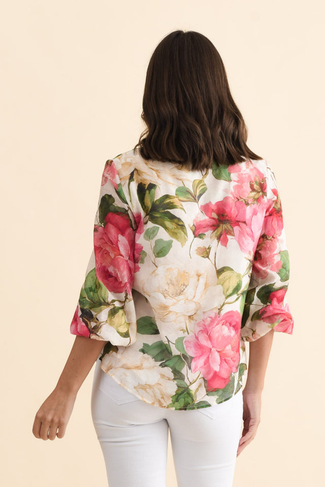 Delaney Cream Botanical Puff Sleeve Blouse,Brunette model,alt text|model:MJ image 5