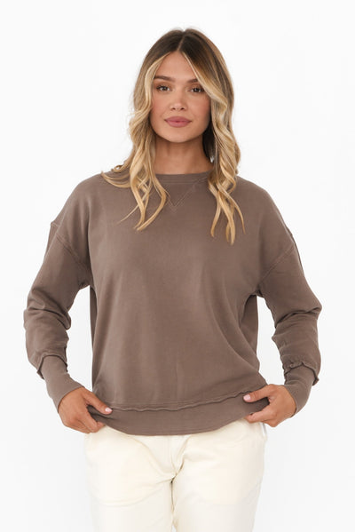 Delilah Mocha Cotton Crewneck Sweatshirt
