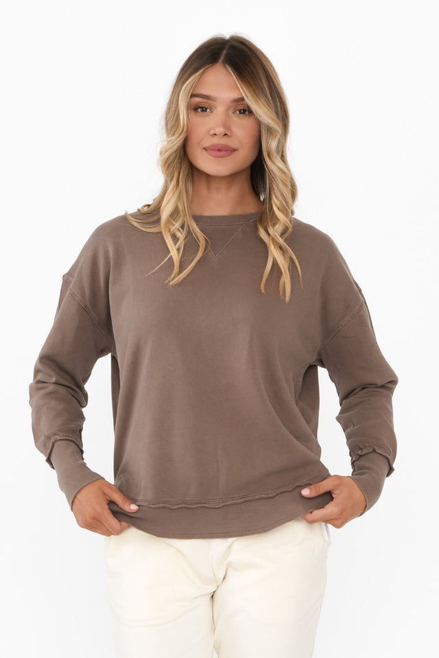 Delilah Mocha Cotton Crewneck Sweatshirt,Brunette model,Lifestyle
