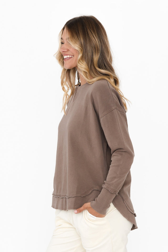 Delilah Mocha Cotton Crewneck Sweatshirt,Blonde model,alt text|model:Mollie image 4
