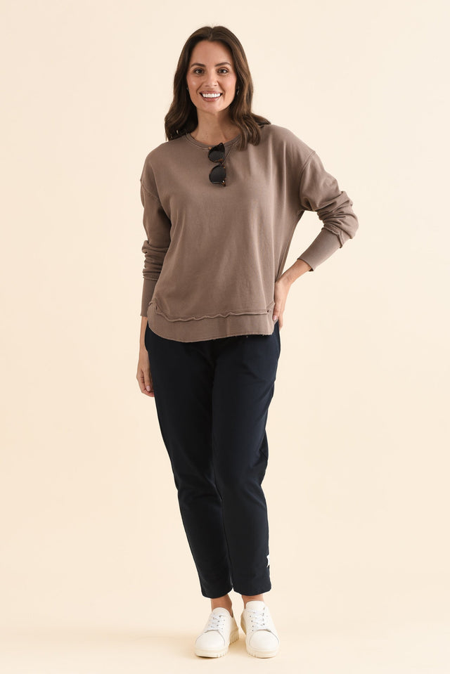 Delilah Mocha Cotton Crewneck Sweatshirt,Full Body,Brunette model,alt text|model:MJ