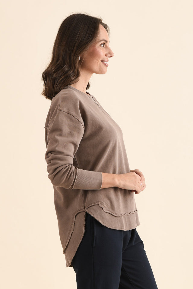 Delilah Mocha Cotton Crewneck Sweatshirt,Side,Brunette model,alt text|model:MJ image 3