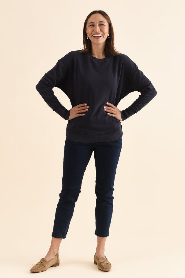 Delilah Navy Cotton Crewneck Sweatshirt,Full Body,Brunette model,alt text|model:Cara image 6