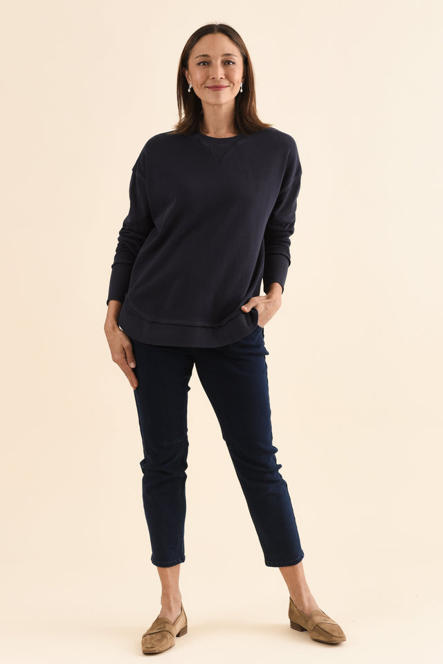 Delilah Navy Cotton Crewneck Sweatshirt,Full Body,Brunette model,alt text|model:Cara