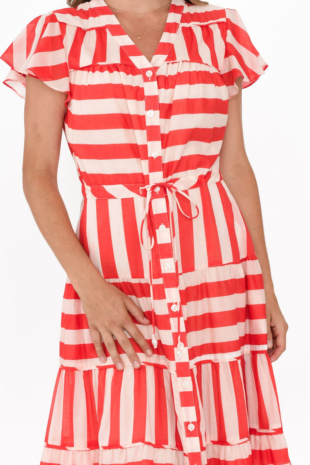 Delilah Red Stripe Cotton Tiered Dress,Brunette model,alt text|model:Johanna image 6