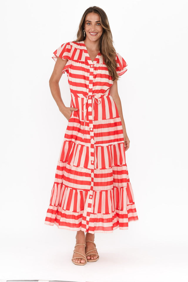 Delilah Red Stripe Cotton Tiered Dress,Brunette model,alt text|model:Johanna image 7