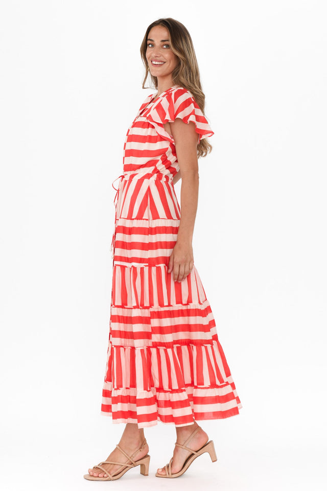 Delilah Red Stripe Cotton Tiered Dress,Brunette model,alt text|model:Johanna image 4