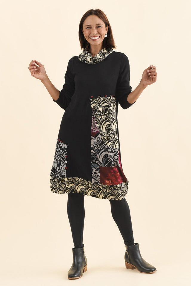 Deola Black Patchwork Knit Dress,Brunette model,alt text|model:Cara image 3