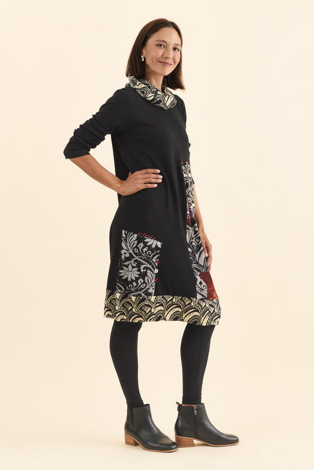 Deola Black Patchwork Knit Dress,Brunette model,alt text|model:Cara image 4