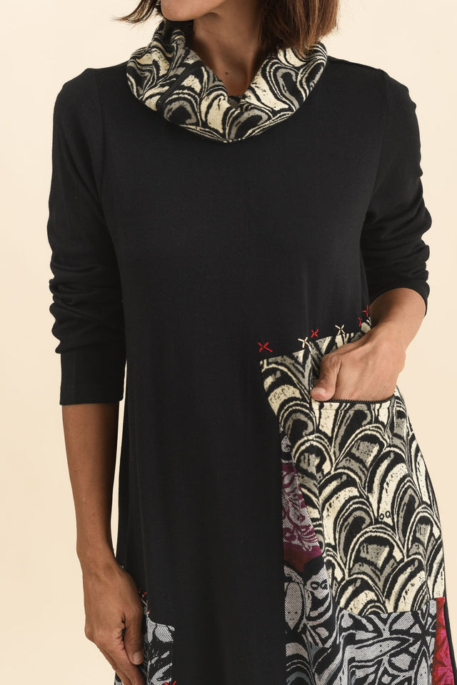 Deola Black Patchwork Knit Dress,Brunette model,alt text|model:Cara image 6