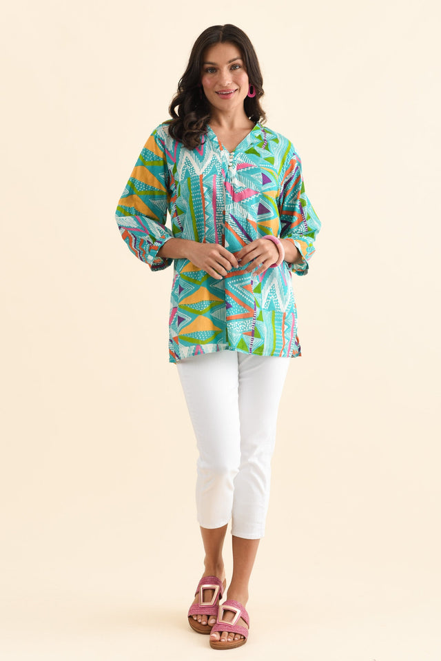 Derine Aqua Abstract Cotton Button Top,Brunette model,alt text|model:Brontie image 7