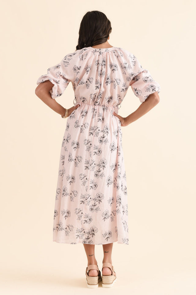 Destiny Pink Floral Linen Tie Dress,Back,Brunette model,alt text|model:Brontie image 4