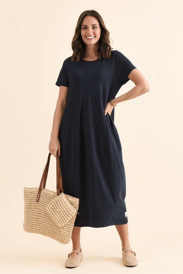 Diana Navy Cotton Pocket Dress,Front,Brunette model,alt text|model:MJ image 1