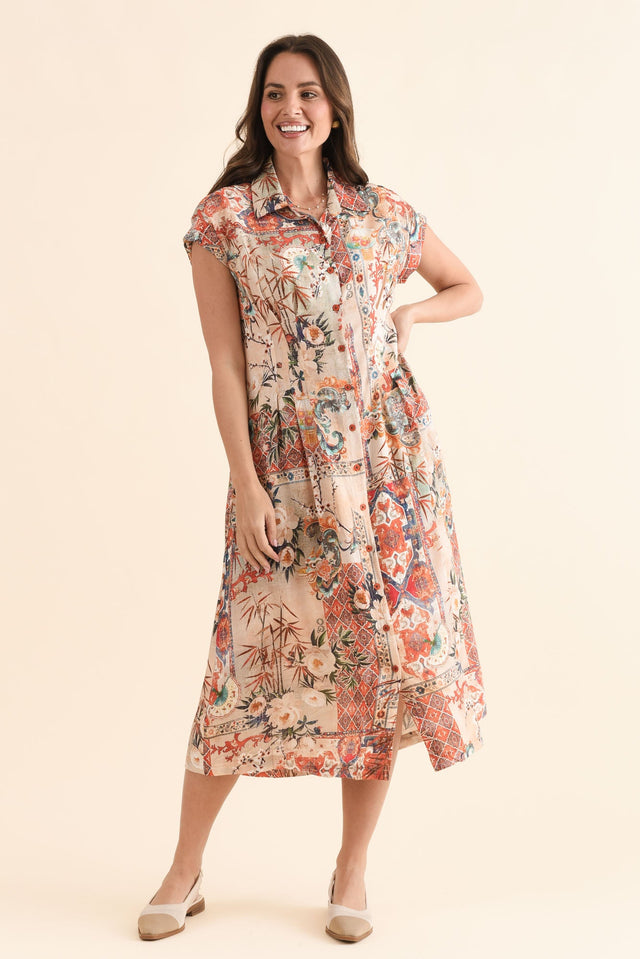 Dina Orange Motif Tie Dress,Full Body,Brunette model,alt text|model:MJ