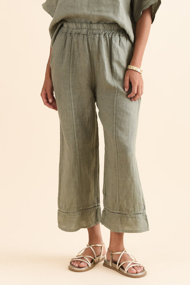 Dinah Khaki Linen Trim Pants,Front,Brunette model,alt text|model:Brontie