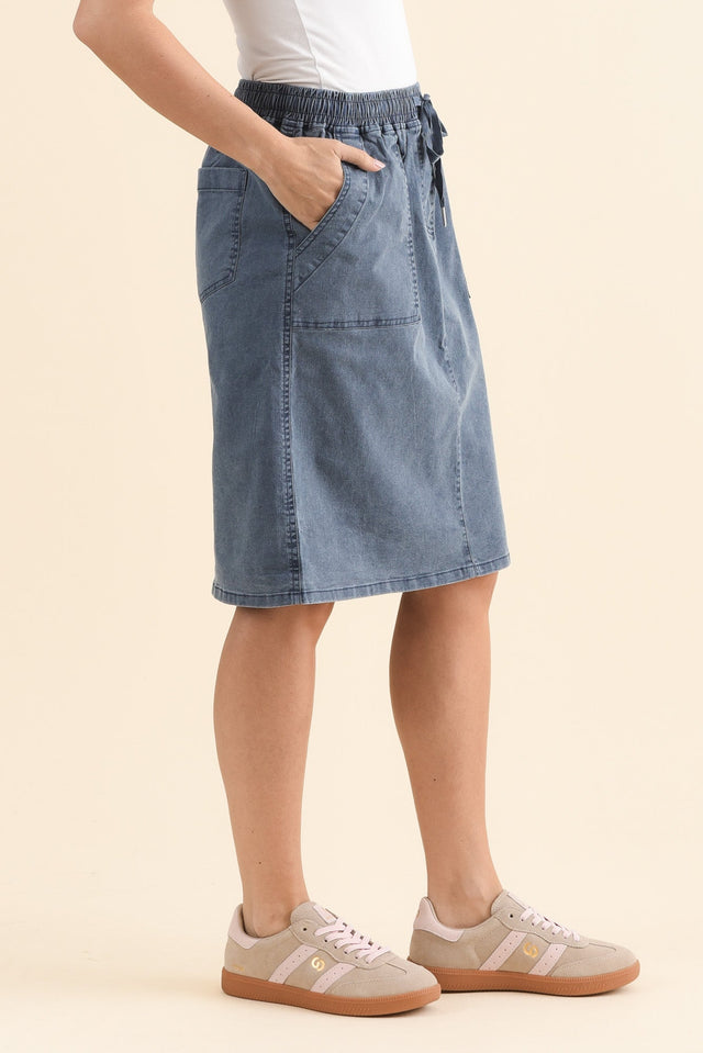 Dinah Washed Blue Cotton Drawstring Skirt,Side,Brunette model,alt text|model:MJ image 4