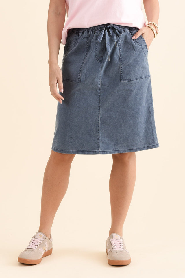 Dinah Washed Blue Cotton Drawstring Skirt,Front,Brunette model,alt text|model:MJ