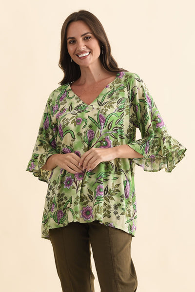 Diona Green Garden Frill Sleeve Top