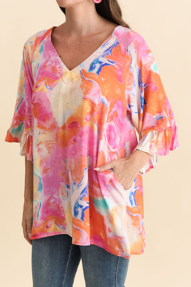 Diona Pink Watercolour Frill Sleeve Top,Brunette model,alt text|model:MJ image 6