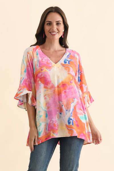 Diona Pink Watercolour Frill Sleeve Top