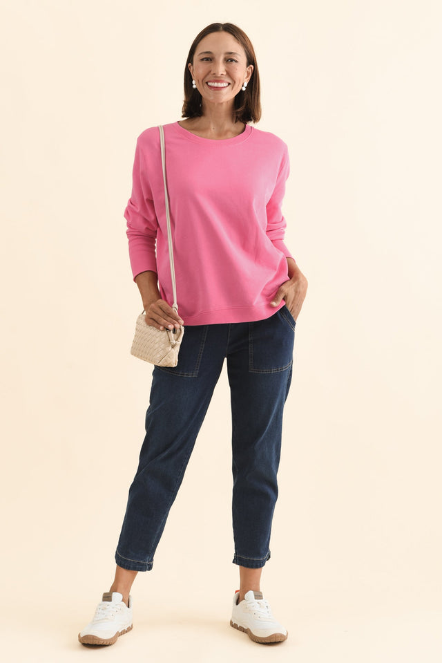 Divine Hot Pink Cotton Crew Sweatshirt,Brunette model,alt text|model:Cara image 4