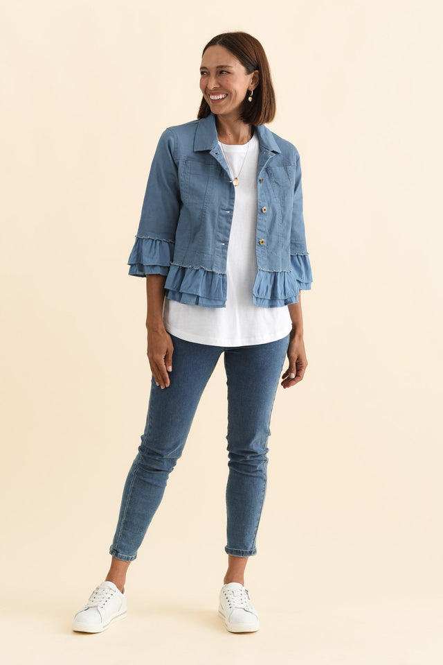 Dolores Blue Cotton Frill Jacket,Brunette model,alt text|model:Cara image 8