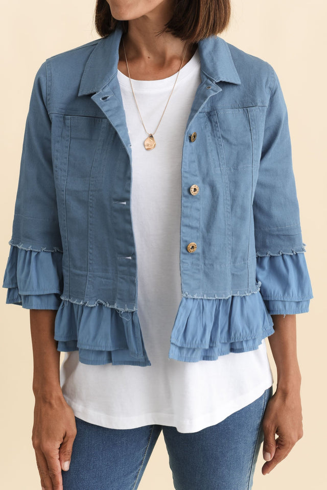 Dolores Blue Cotton Frill Jacket,Brunette model,alt text|model:Cara image 7