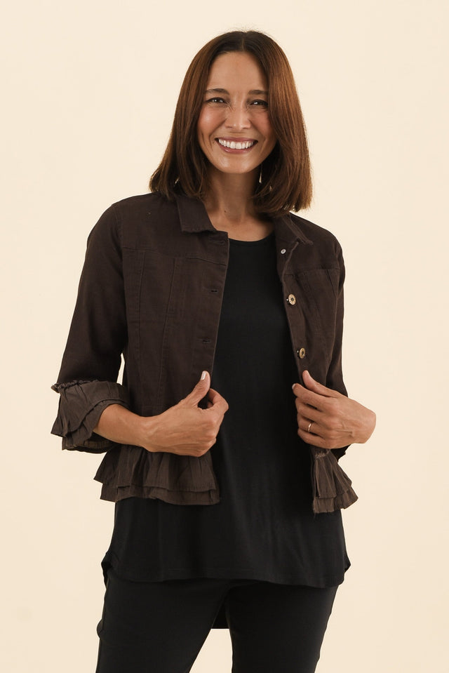 Dolores Chocolate Cotton Frill Jacket,Front,Brunette model,alt text|model:Cara image 1