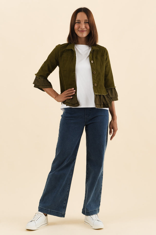 Dolores Khaki Cotton Frill Jacket,Full Body,Brunette model,alt text|model:Cara image 7